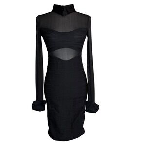 WOLFORD XS Dress Black Ruched Reversible Sheer Sleeve Removable Collar & Cuffs